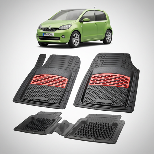 set de covorase din cauciuc negre cu accente rosii cu skoda citigo i verde menta in fundal