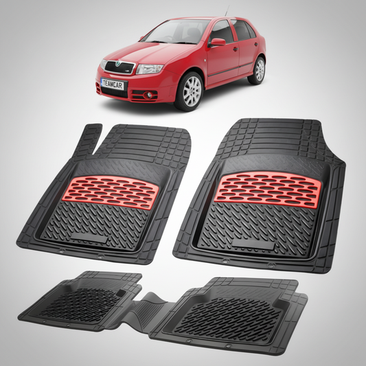 set de covorase din cauciuc negre cu accente rosii cu skoda fabia i hatchback rosie in fundal