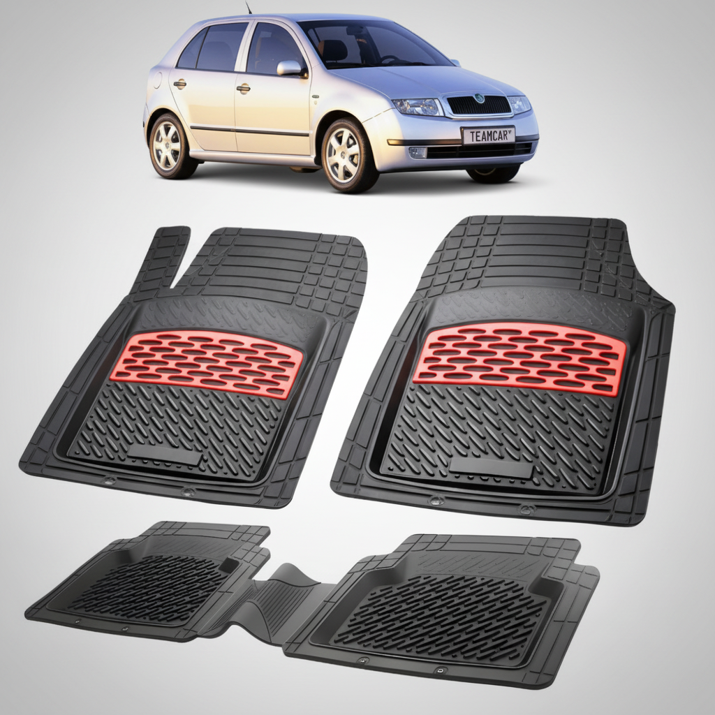 set de covorase din cauciuc negre cu accente rosii cu skoda fabia i hatchback gri in fundal