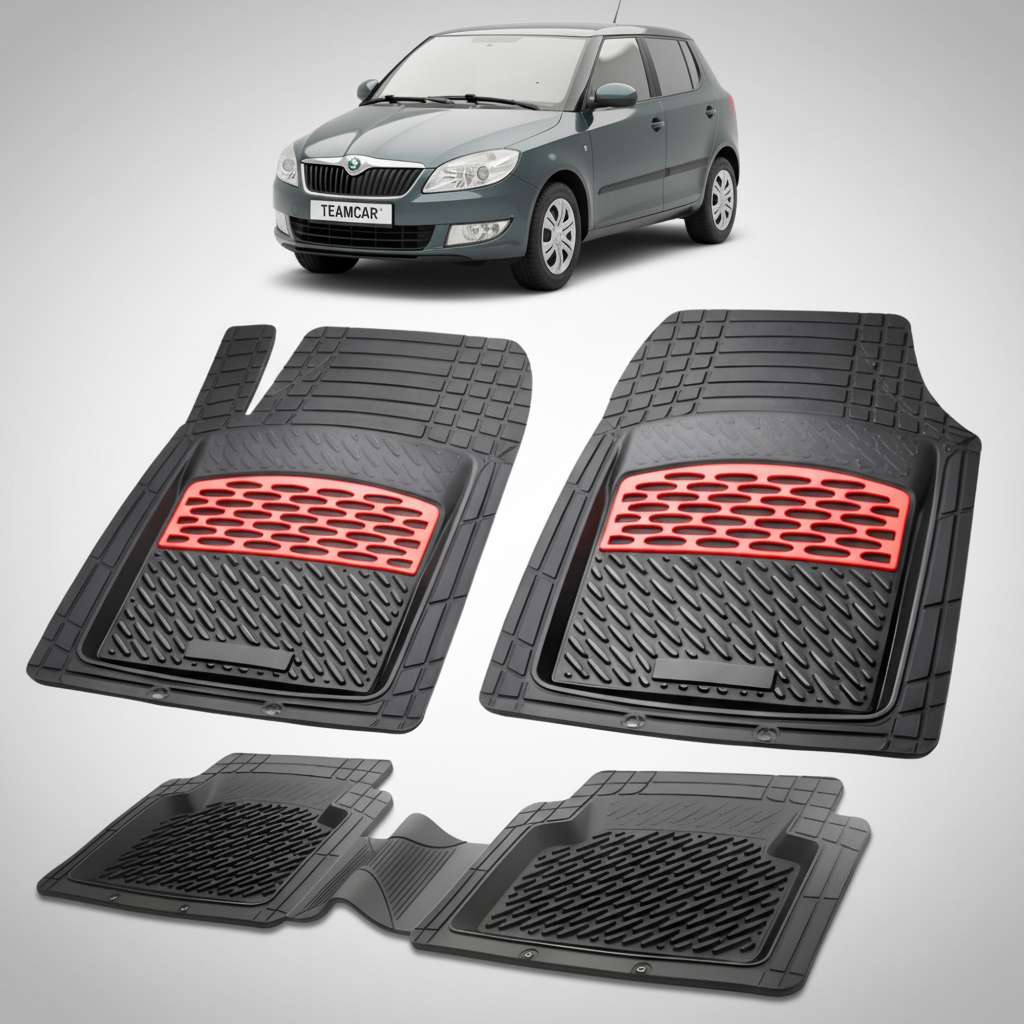 set de covorase din cauciuc negre cu accente rosii cu skoda fabia ii hatchback gri in fundal