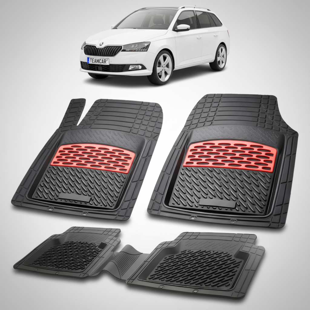 set de covorase din cauciuc negre cu accente rosii cu skoda fabia iii combi facelift alba in fundal