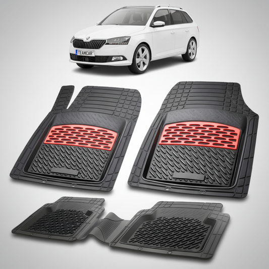 set de covorase din cauciuc negre cu accente rosii cu skoda fabia iii combi facelift alba in fundal