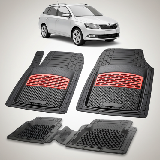 set de covorase din cauciuc negre cu accente rosii cu skoda fabia iii combi argintie in fundal