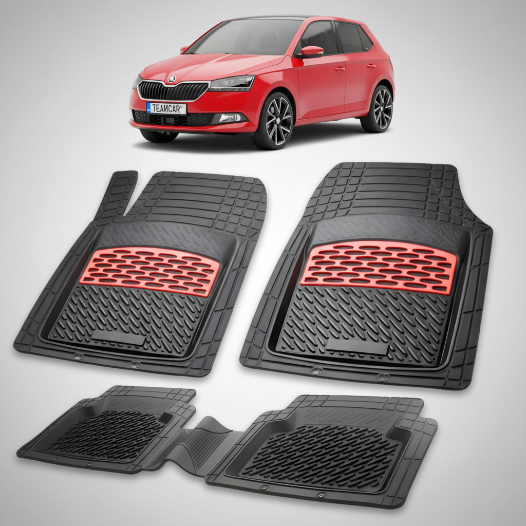 set de covorase din cauciuc negre cu accente rosii cu skoda fabia iii hatchback facelift rosie in fundal
