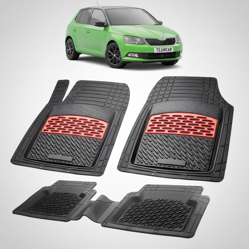 set de covorase din cauciuc negre cu accente rosii cu skoda fabia iii hatchback verde in fundal