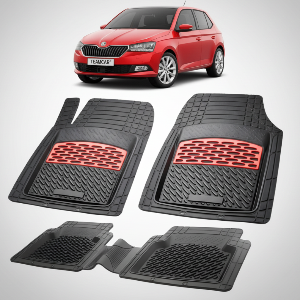 set de covorase din cauciuc negre cu accente rosii cu skoda fabia iii hatchback rosie in fundal