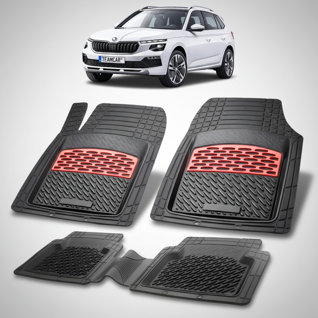 set de covorase din cauciuc negre cu accente rosii cu skoda kamiq facelift alba in fundal
