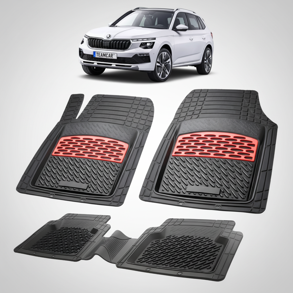 set de covorase din cauciuc negre cu accente rosii cu skoda kamiq i alb in fundal