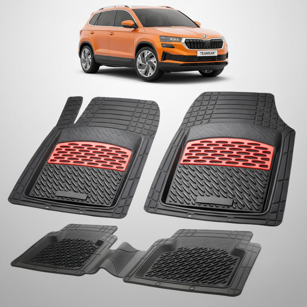 set de covorase din cauciuc negre cu accente rosii cu skoda karoq facelift portocalie in fundal