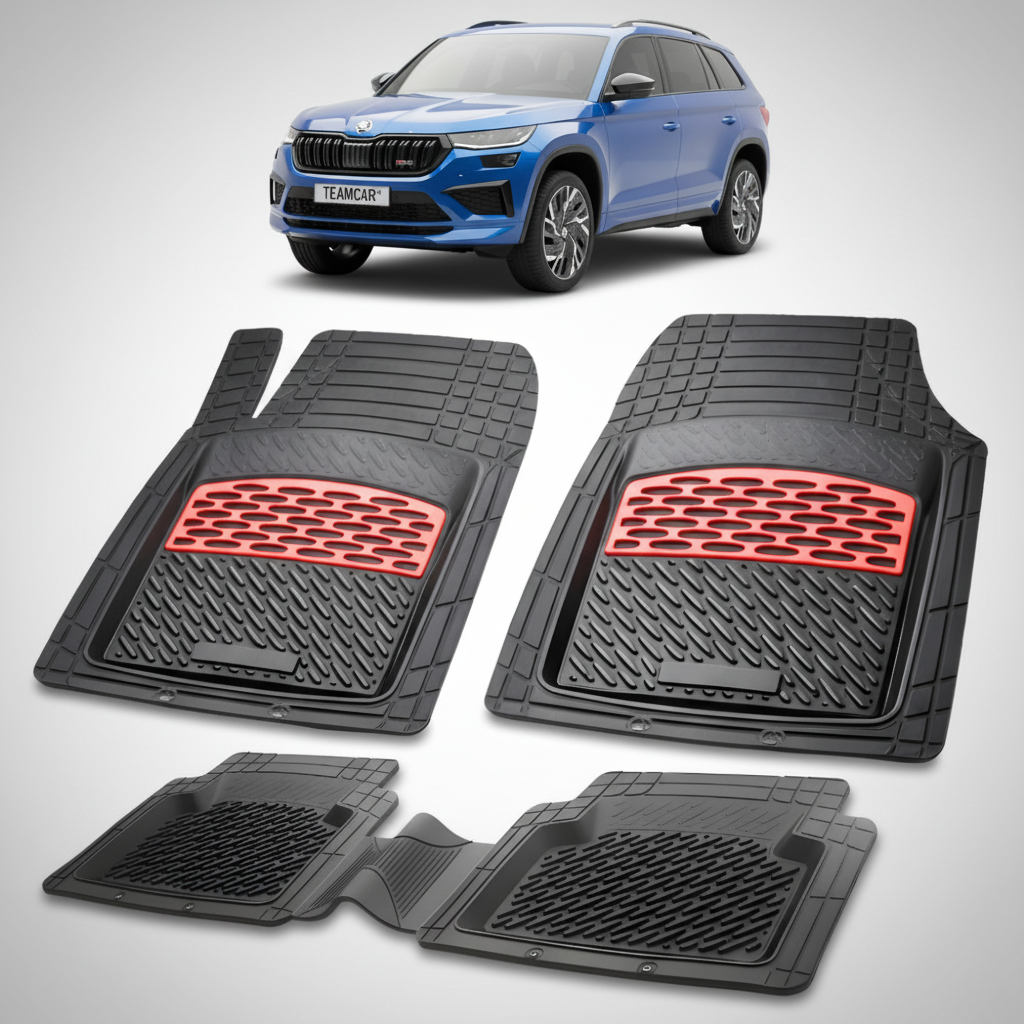 set de covorase din cauciuc negre cu accente rosii cu skoda kodiaq facelift albastra in fundal