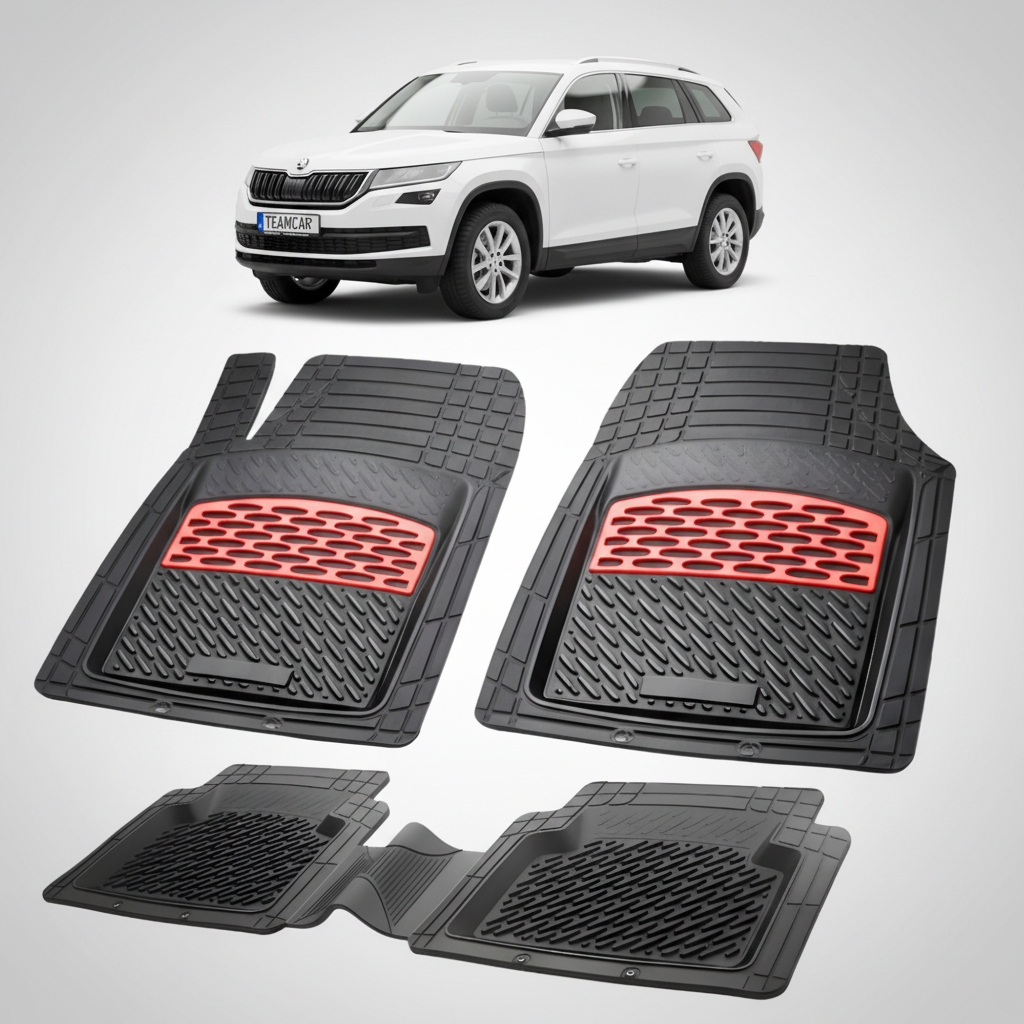 set de covorase din cauciuc negre cu accente rosii cu skoda kodiaq i alba in fundal