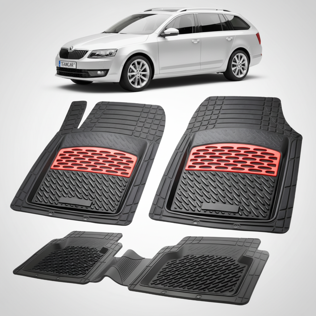 set de covorase din cauciuc negre cu accente rosii cu skoda octavia iii combi argintie in fundal
