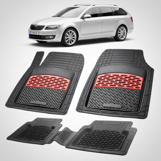 set de covorase din cauciuc negre cu accente rosii cu skoda octavia iii combi argintie in fundal