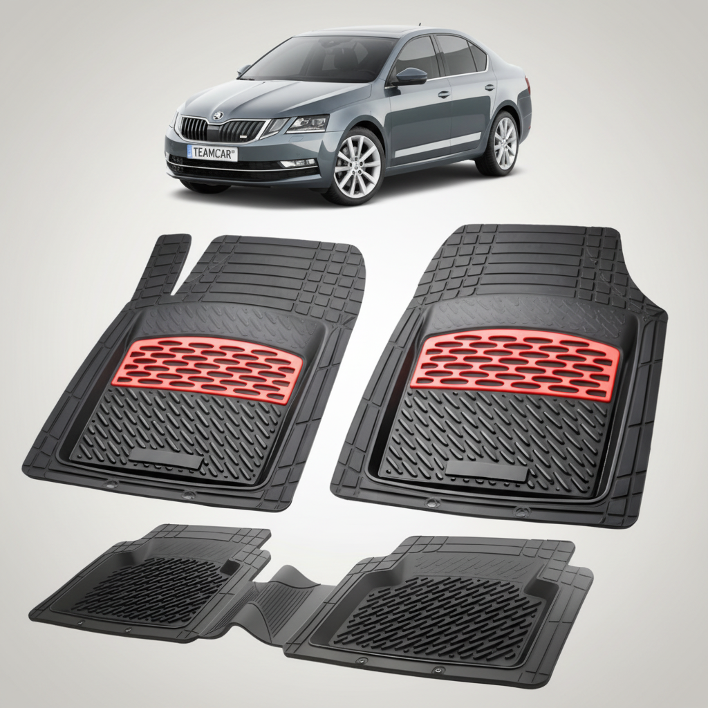 set de covorase din cauciuc negre cu accente rosii cu skoda octavia iii sedan gri in fundal