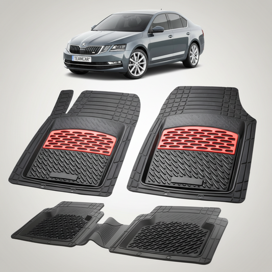 set de covorase din cauciuc negre cu accente rosii cu skoda octavia iii sedan gri in fundal