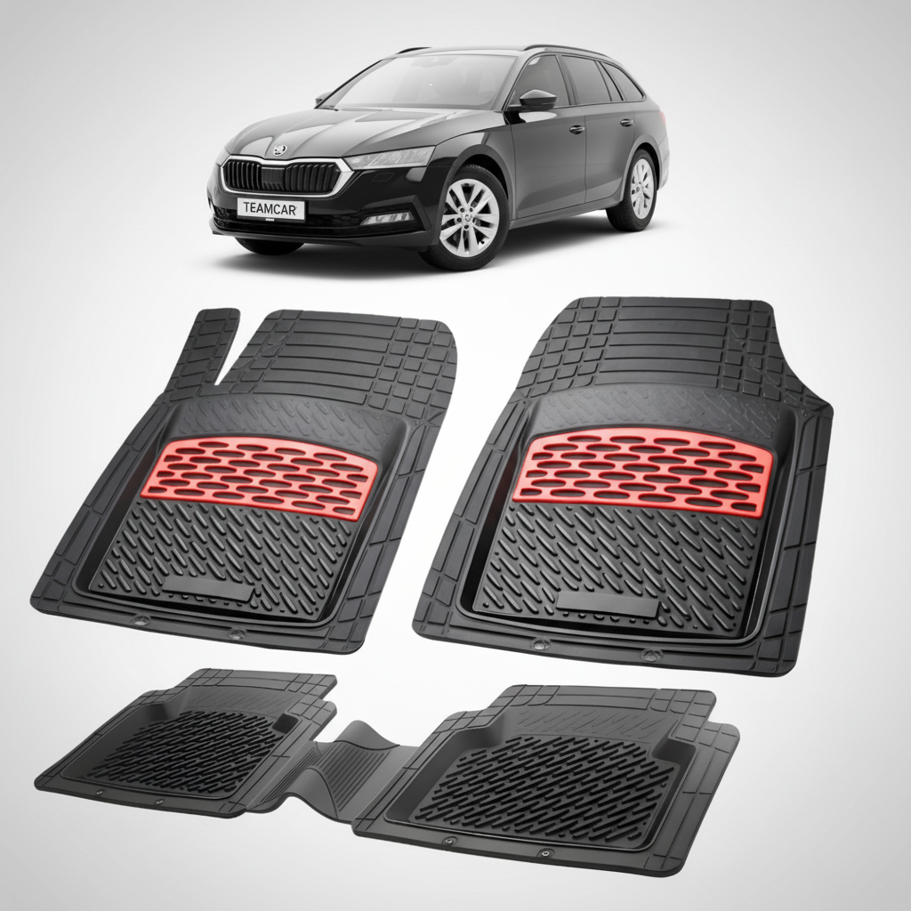 set de covorase din cauciuc negre cu accente rosii cu skoda octavia iv combi neagra in fundal