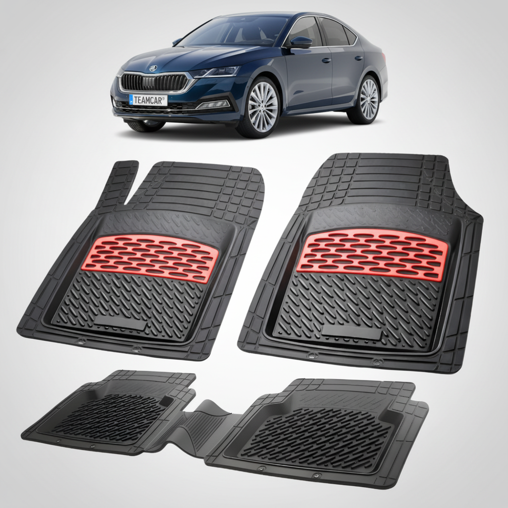 set de covorase din cauciuc negre cu accente rosii cu skoda octavia iv liftback pre-facelift albastra in fundal