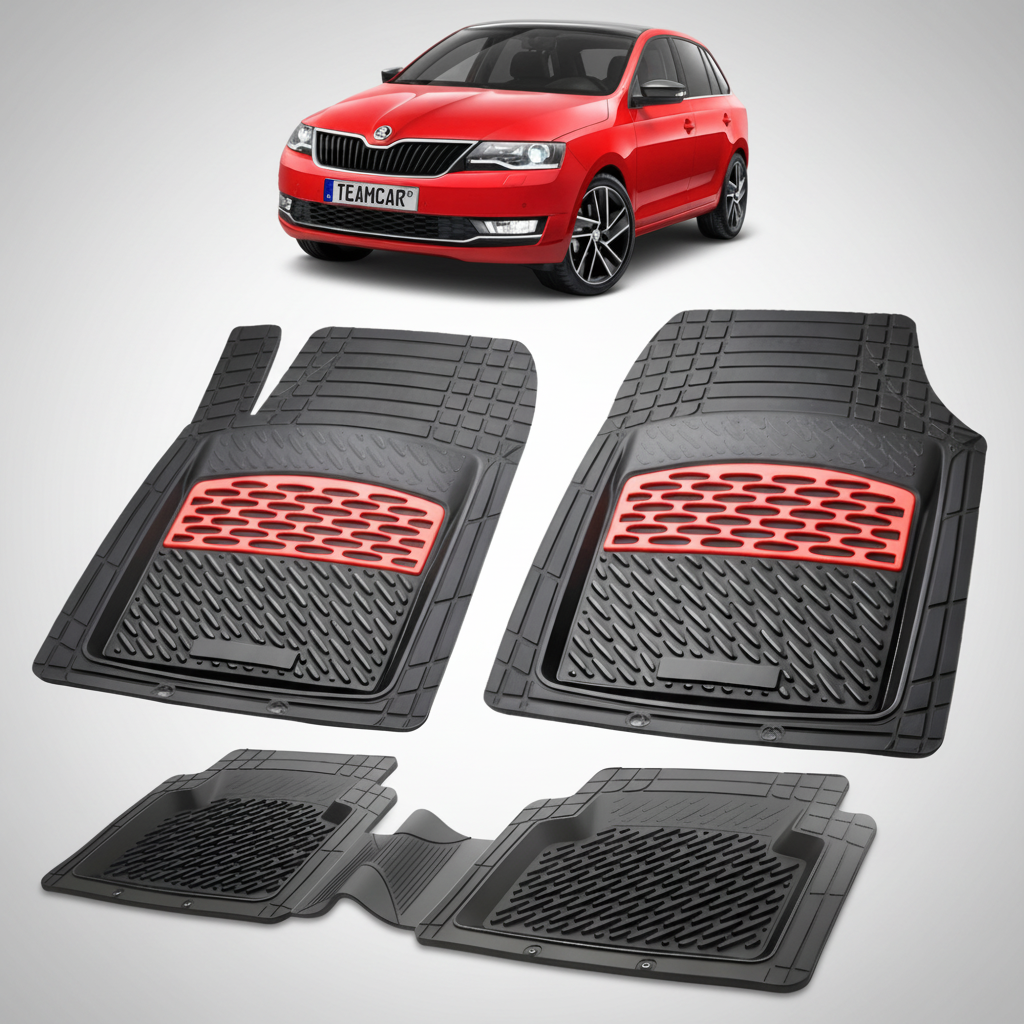 set de covorase din cauciuc negre cu accente rosii cu skoda rapid liftback facelift rosie in fundal