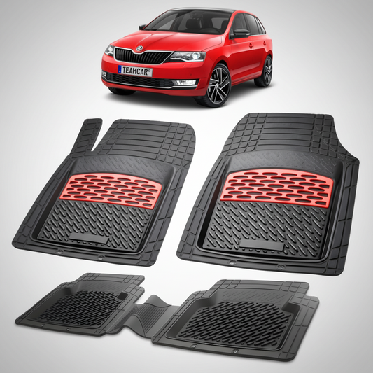 set de covorase din cauciuc negre cu accente rosii cu skoda rapid liftback facelift rosie in fundal