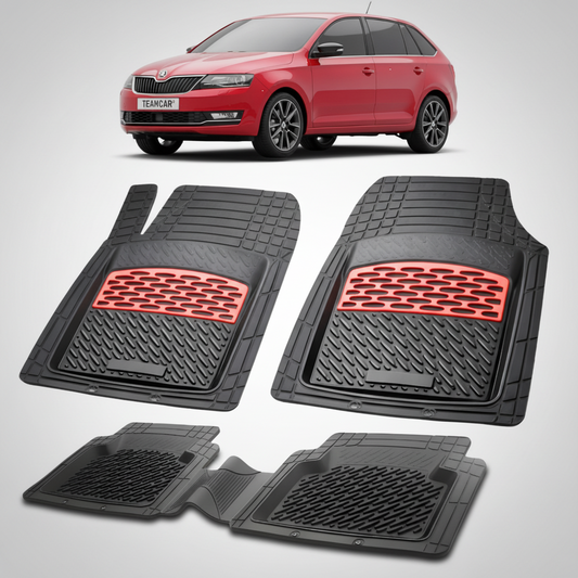 set de covorase din cauciuc negre cu accente rosii cu skoda rapid spaceback facelift rosie in fundal