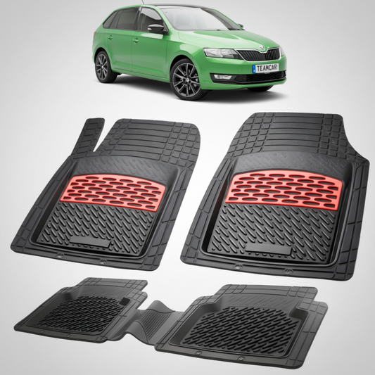 set de covorase din cauciuc negre cu accente rosii cu skoda rapid i spaceback verde in fundal