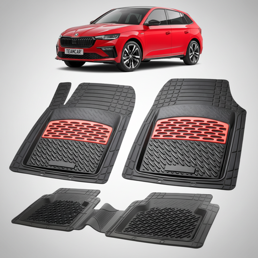set de covorase din cauciuc negre cu accente rosii cu skoda scala hatchback facelift rosie in fundal