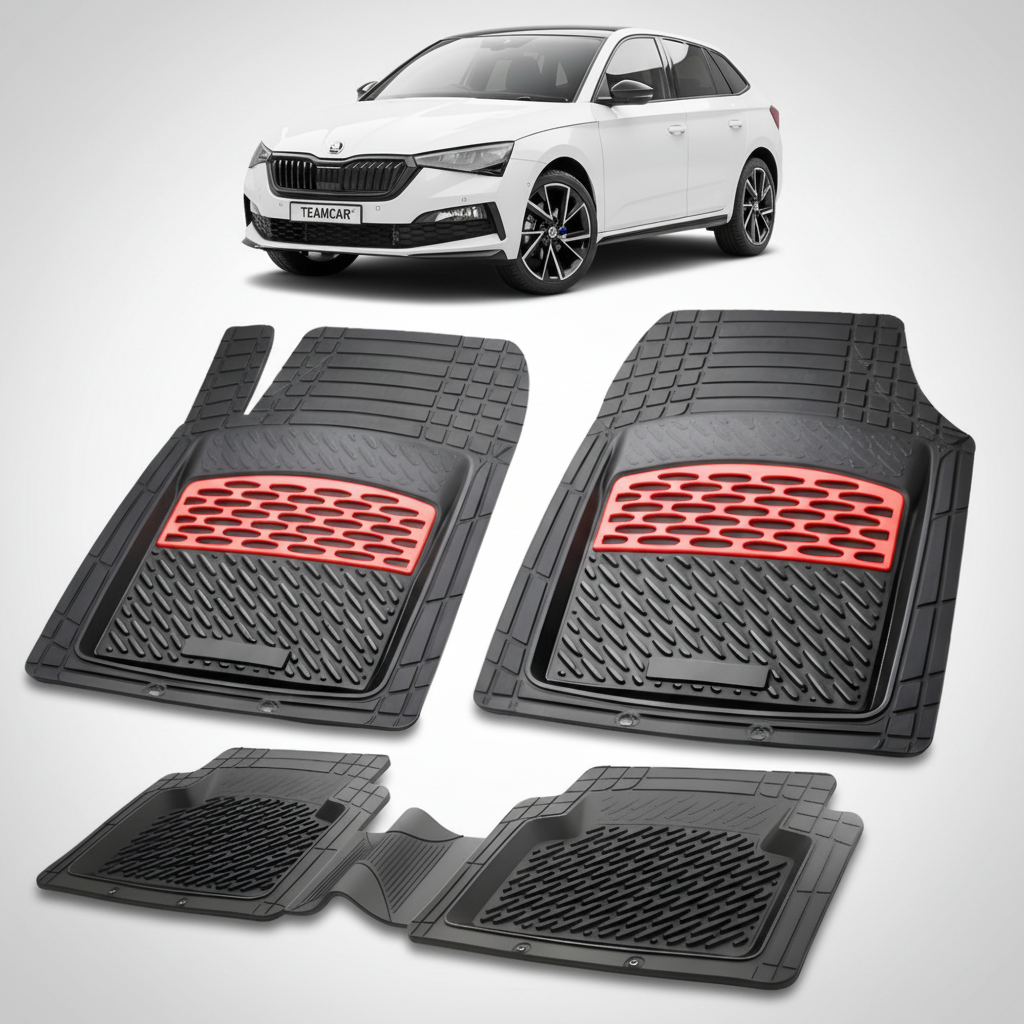 set de covorase din cauciuc negre cu accente rosii cu skoda scala hatchback alba in fundal