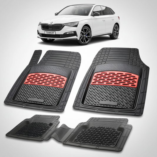 set de covorase din cauciuc negre cu accente rosii cu skoda scala hatchback alba in fundal