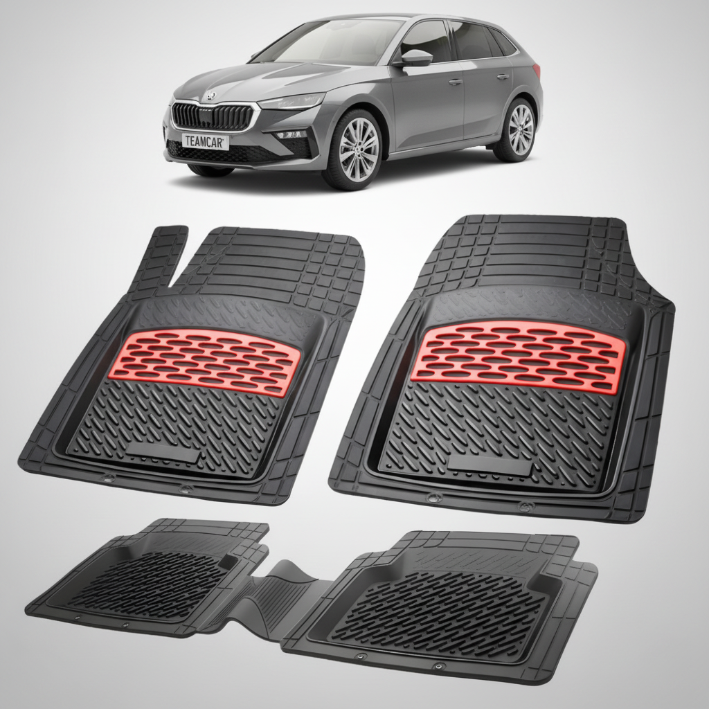 set de covorase din cauciuc negre cu accente rosii cu skoda scala i gri in fundal