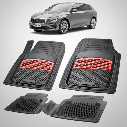 set de covorase din cauciuc negre cu accente rosii cu skoda scala i gri in fundal