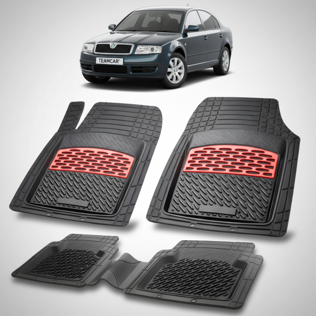 set de covorase din cauciuc negre cu accente rosii cu skoda superb 1 verde inchis metalizat in fundal