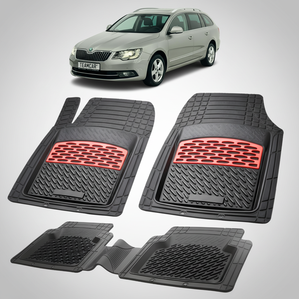 set de covorase din cauciuc negre cu accente rosii cu skoda superb ii combi argintie in fundal