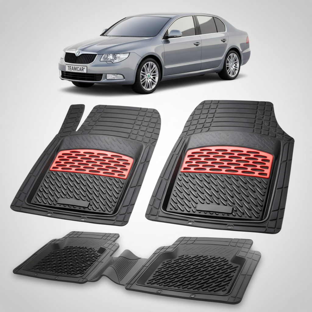 set de covorase din cauciuc negre cu accente rosii cu skoda superb ii gri in fundal