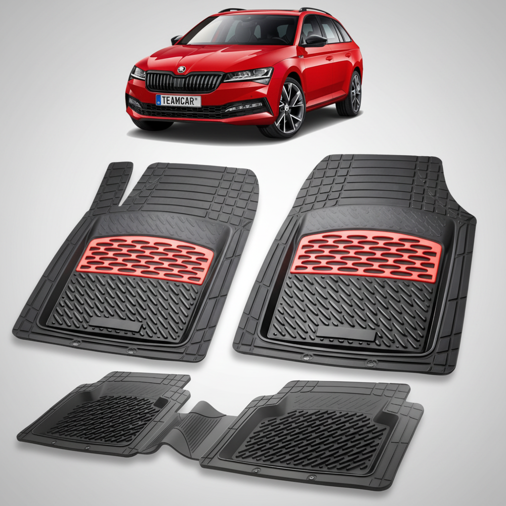 set de covorase din cauciuc negre cu accente rosii cu skoda superb iii combi facelift rosie in fundal