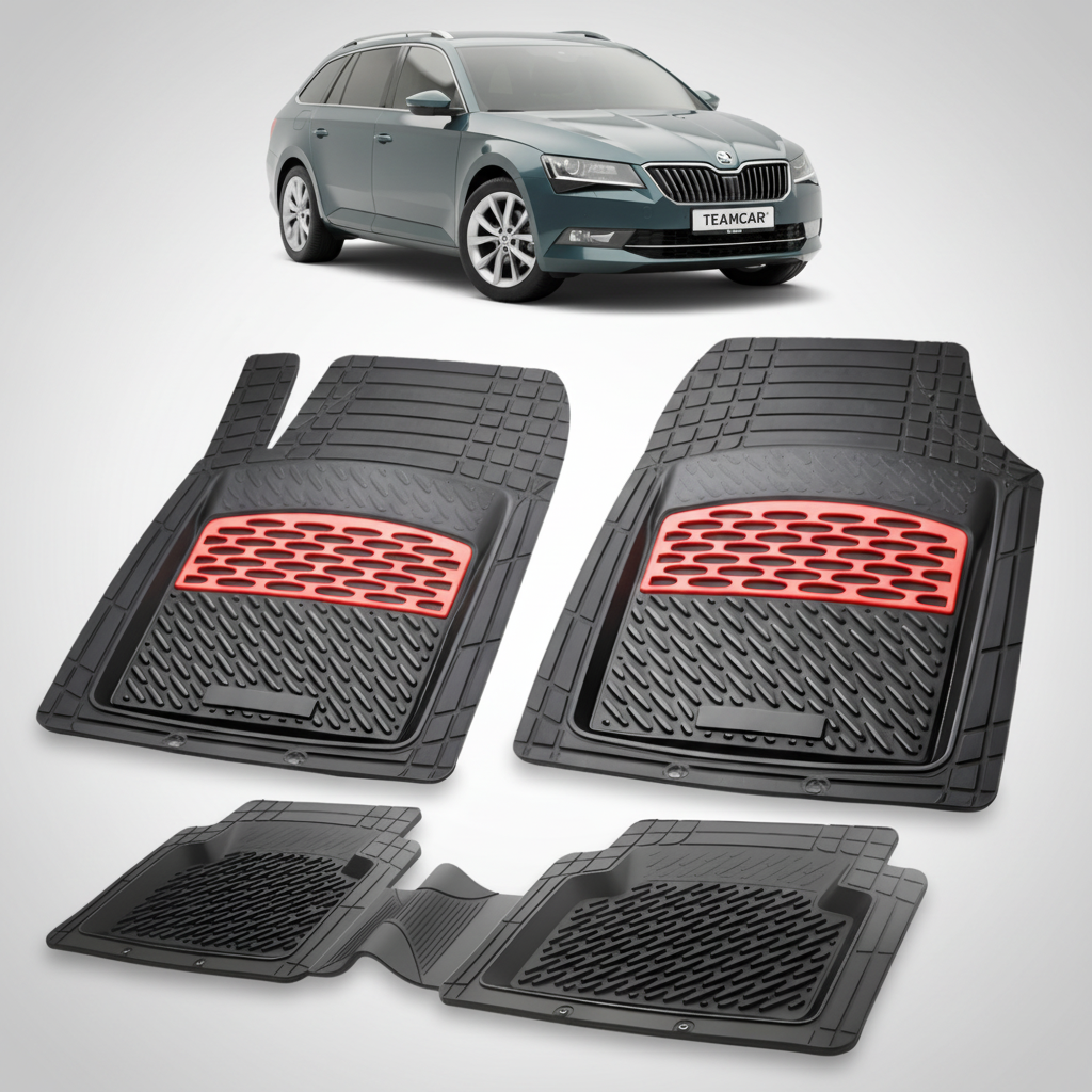 set de covorase din cauciuc negre cu accente rosii cu skoda superb iii combi gri-verzuie in fundal
