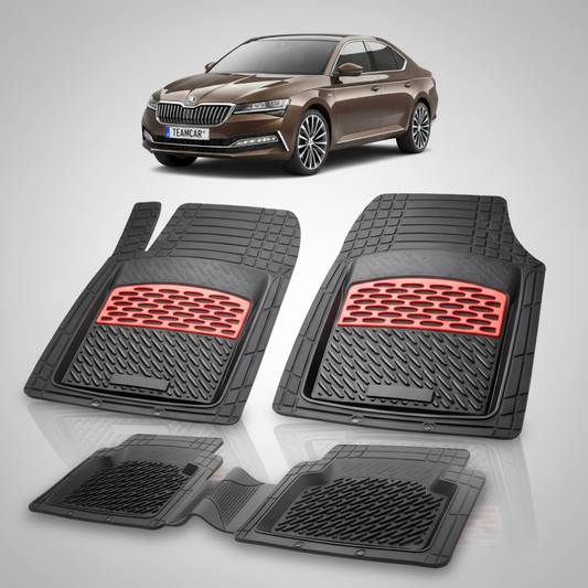 set de covorase din cauciuc negre cu accente rosii cu skoda superb iii liftback facelift maro in fundal