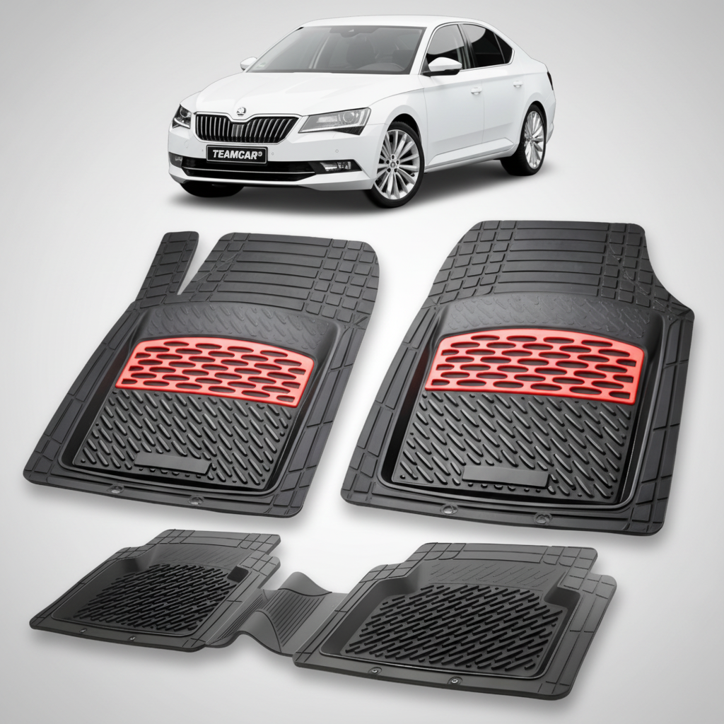 set de covorase din cauciuc negre cu accente rosii cu skoda superb iii alba in fundal