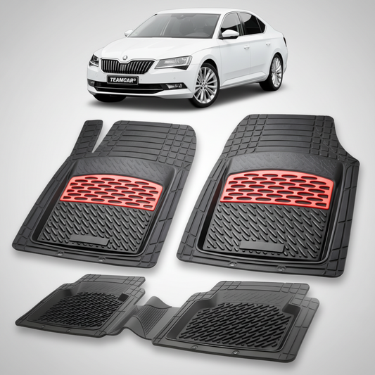 set de covorase din cauciuc negre cu accente rosii cu skoda superb iii alba in fundal