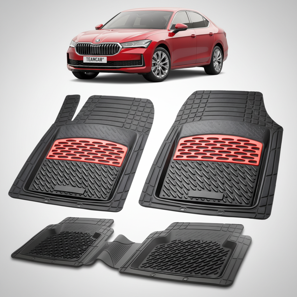 set de covorase din cauciuc negre cu accente rosii cu skoda superb iv liftback rosie in fundal