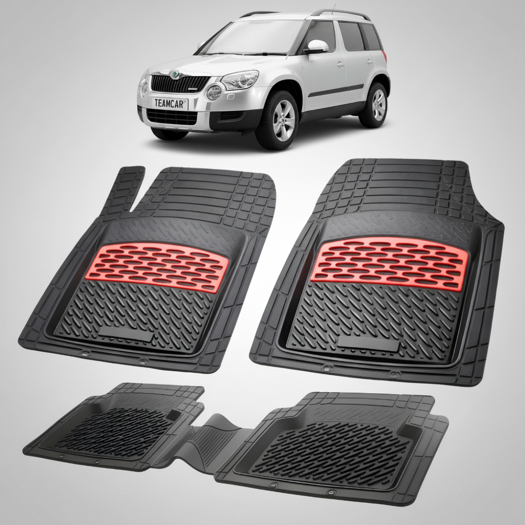 set de covorase din cauciuc negre cu accente rosii cu skoda yeti i gri in fundal