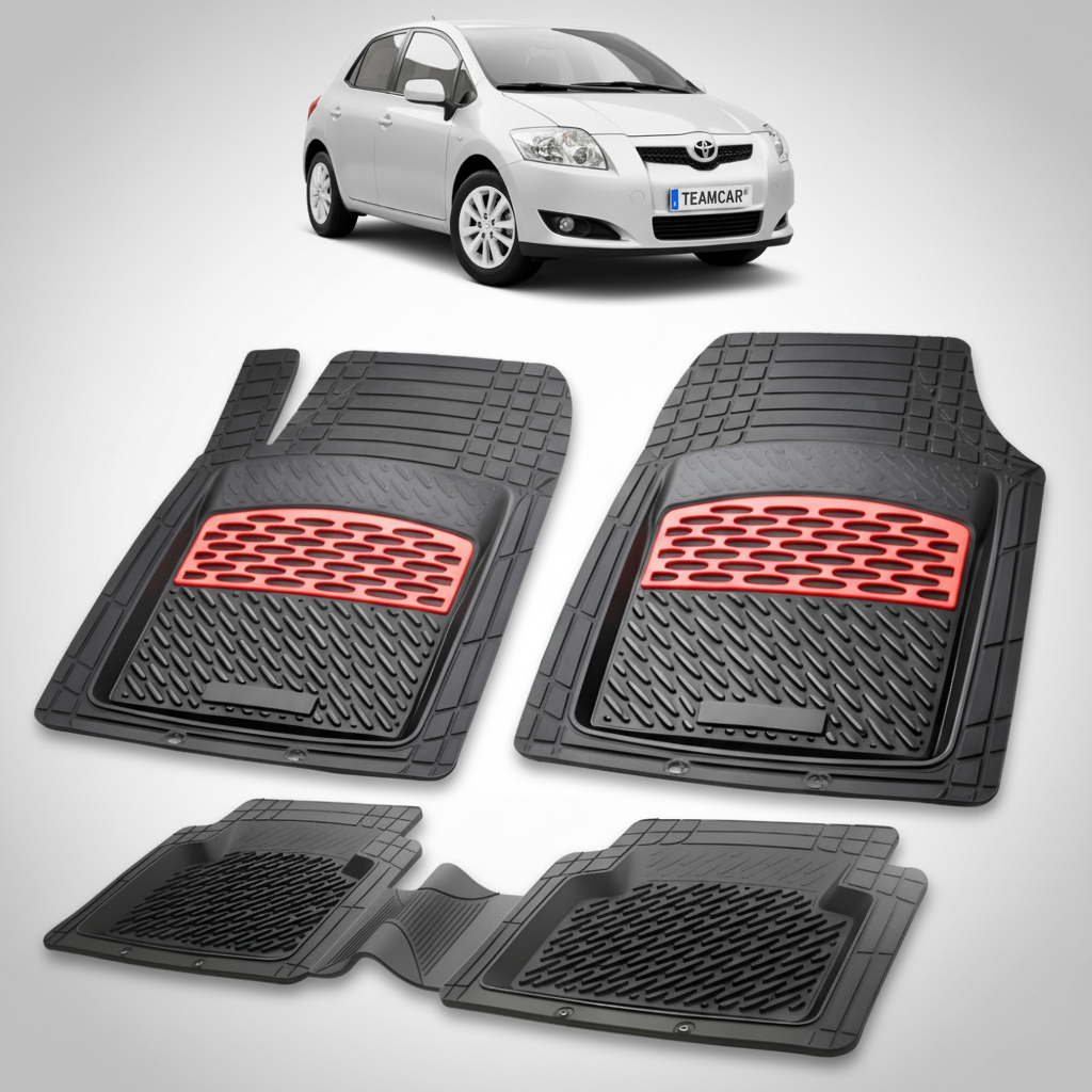 set de covorase din cauciuc negre cu accente rosii cu toyota auris e150 hatchback argintie in fundal