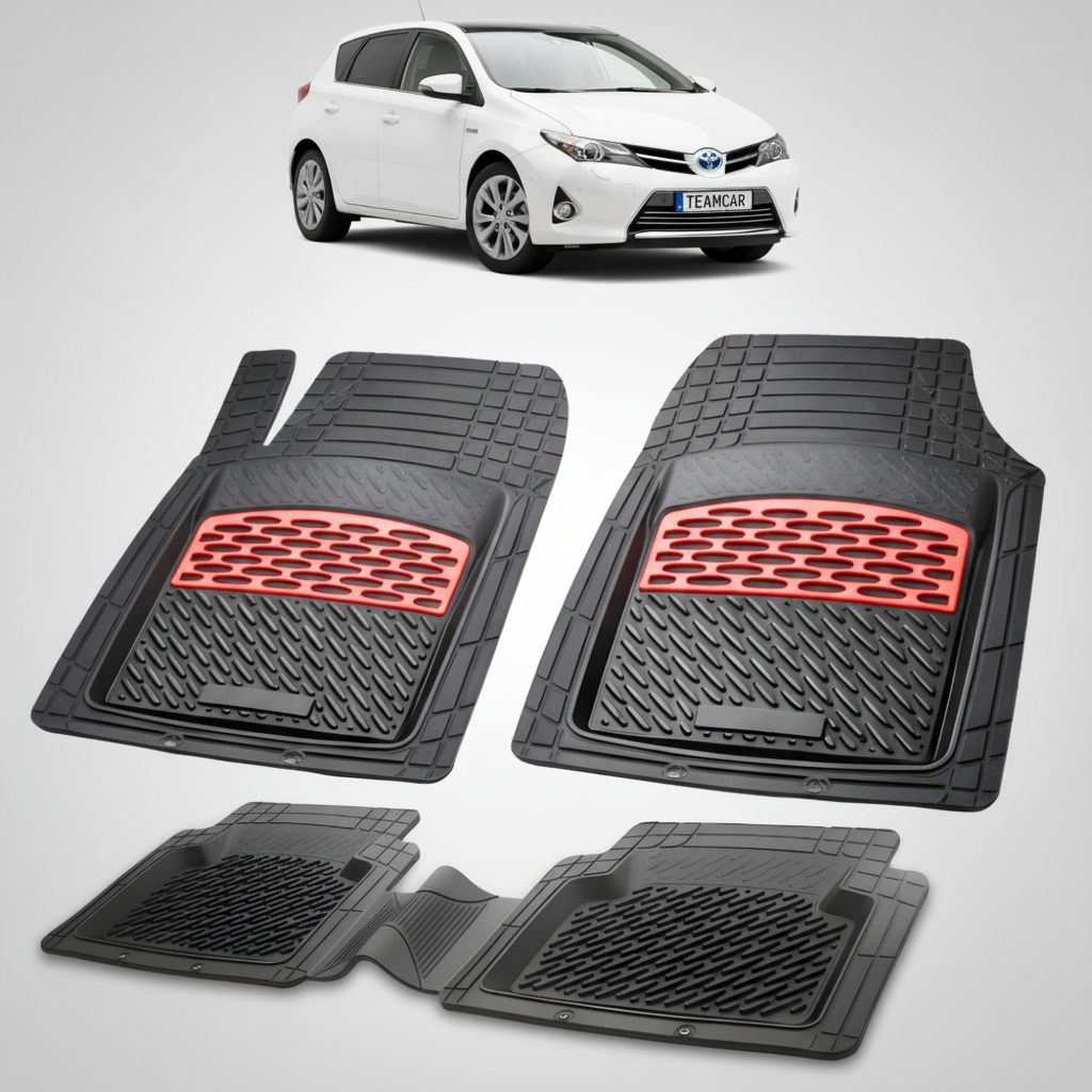 set de covorase din cauciuc negre cu accente rosii cu toyota auris e180 hatchback alba in fundal