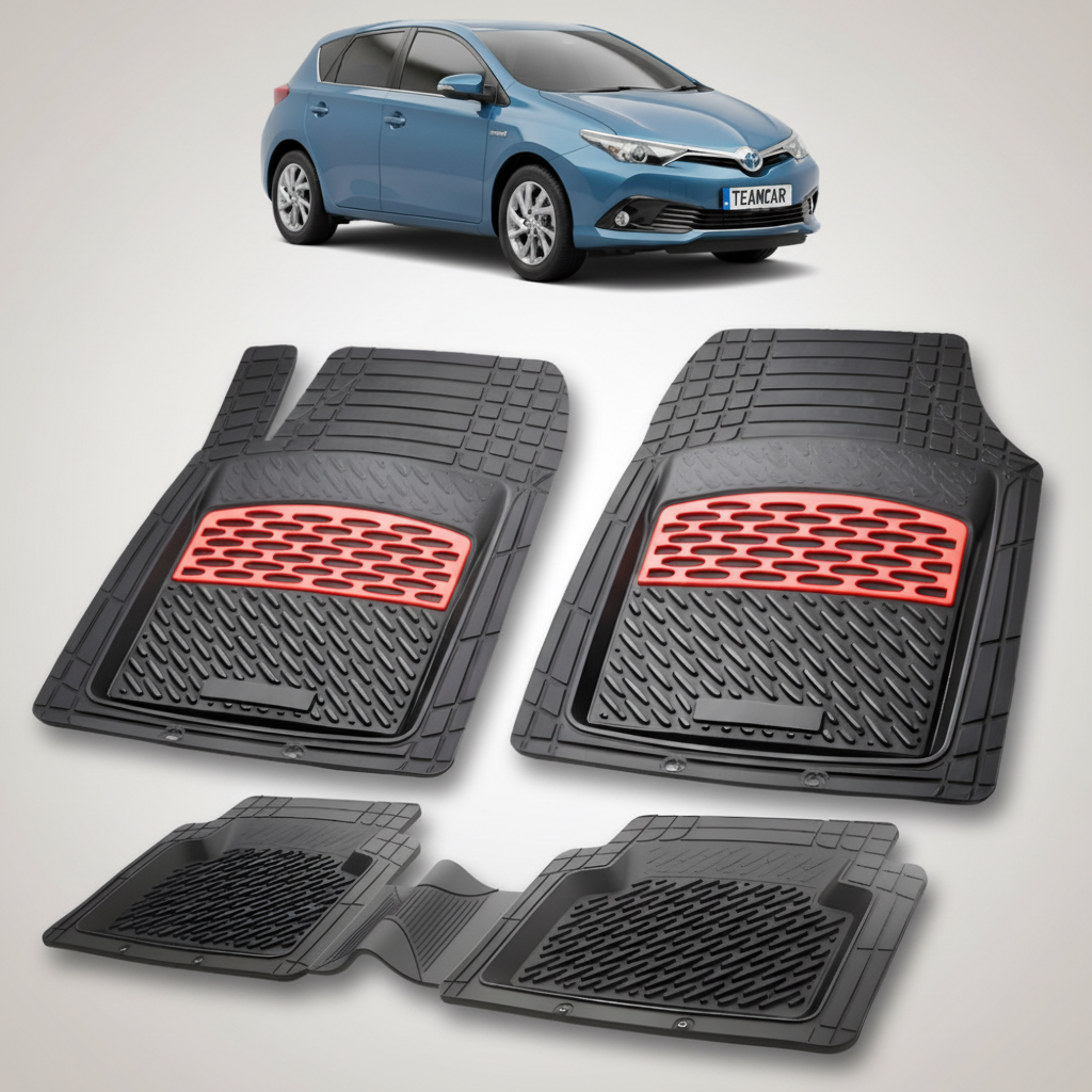 set de covorase din cauciuc negre cu accente rosii cu toyota auris e180 hatchback albastra in fundal