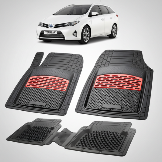 set de covorase din cauciuc negre cu accente rosii cu toyota auris touring sports e180 alba in fundal