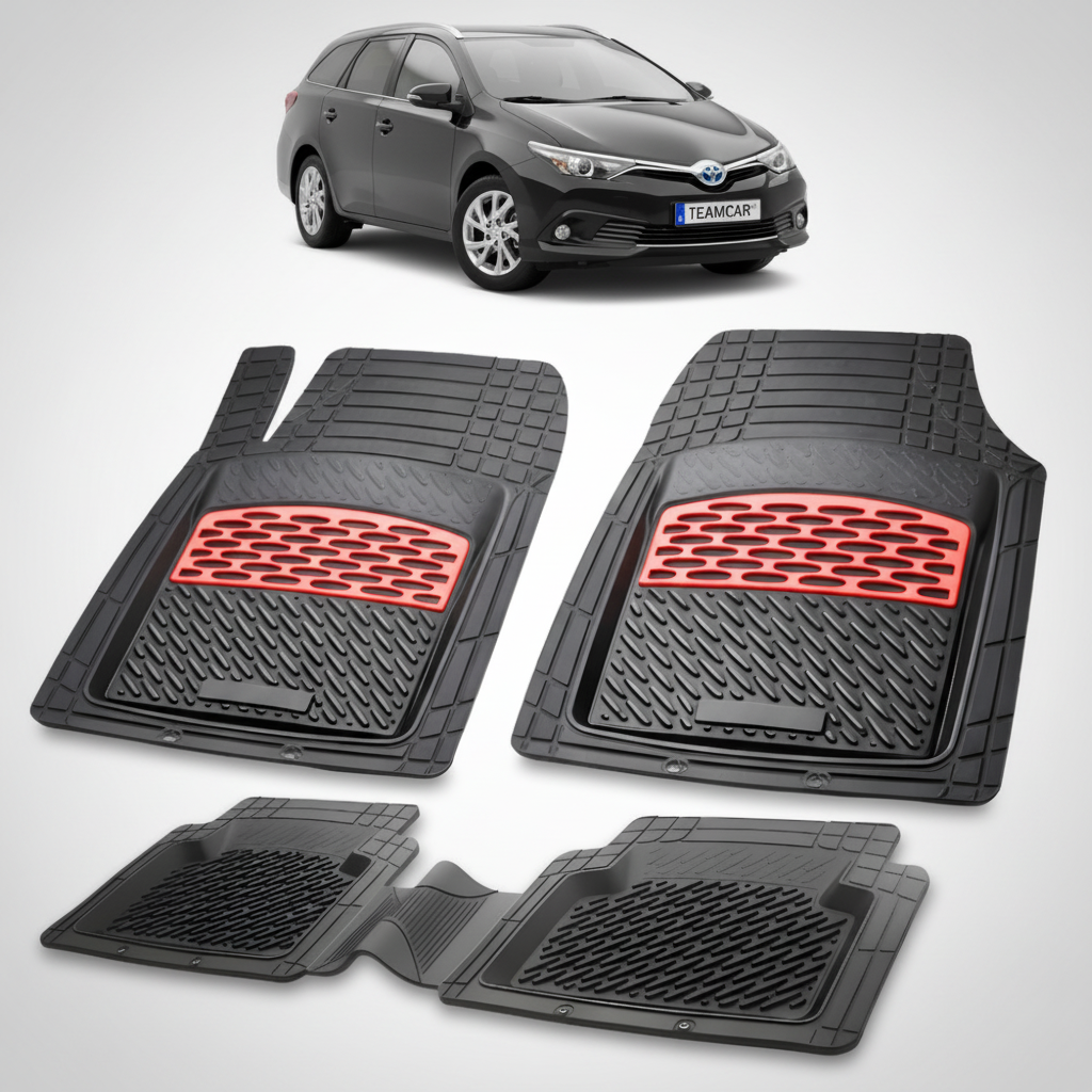 set de covorase din cauciuc negre cu accente rosii cu toyota auris touring sports e180 neagra in fundal
