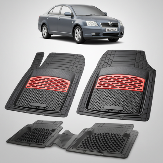 set de covorase din cauciuc negre cu accente rosii cu toyota avensis t25 liftback gri in fundal