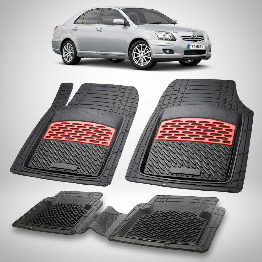 set de covorase din cauciuc negre cu accente rosii cu toyota avensis t25 liftback gri in fundal