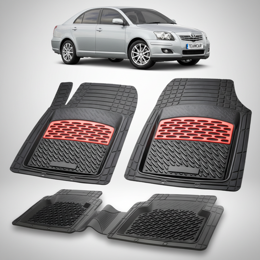 set de covorase din cauciuc negre cu accente rosii cu toyota avensis t25 liftback gri in fundal