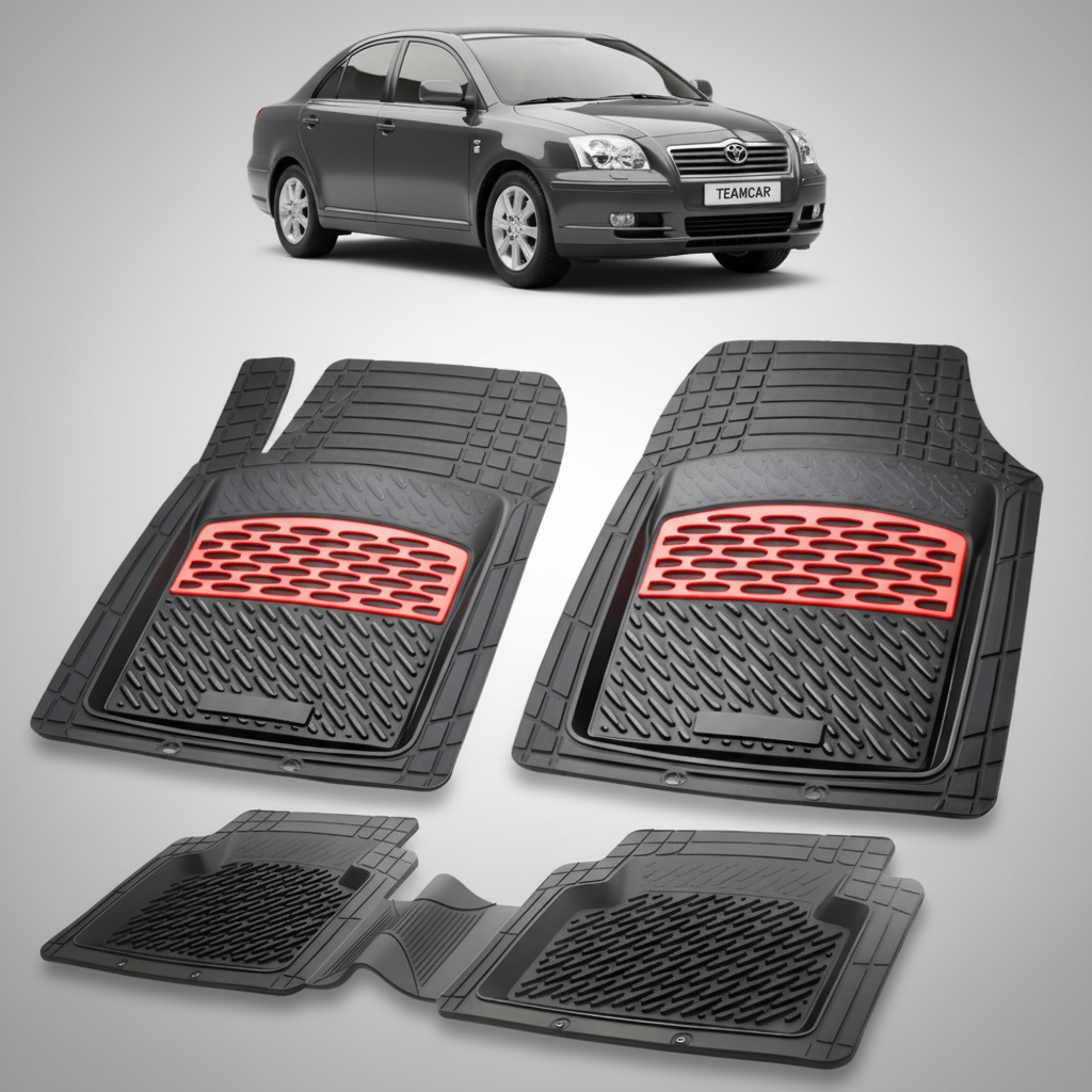 set de covorase din cauciuc negre cu accente rosii cu toyota avensis sedan t25 neagra in fundal