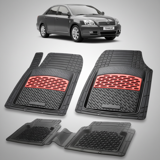 set de covorase din cauciuc negre cu accente rosii cu toyota avensis sedan t25 neagra in fundal